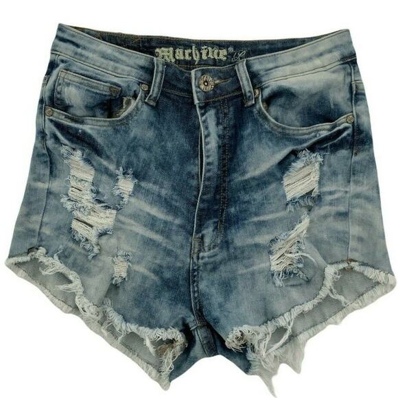 Machine Shorts Womens Size Large High Rise Distressed Raw Hem Pockets Blue Denim - Picture 1 of 8